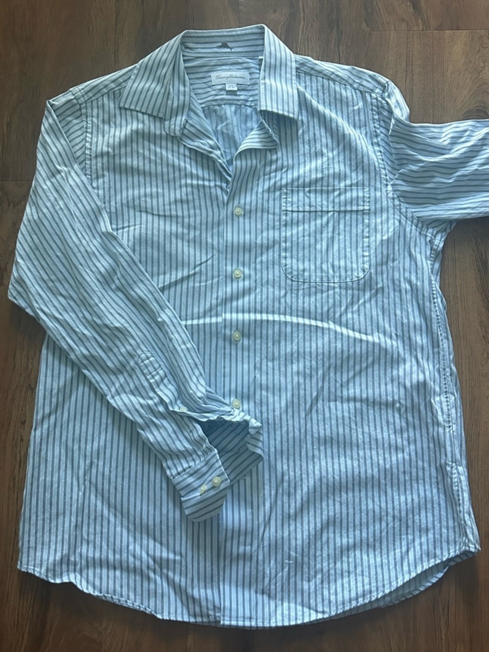 Tommy Bahama Light Blue and White Striped Casual Button-Down Shirt